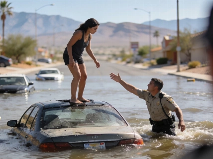Las Vegas Rescuers Reach Woman Stranded on Car Roof Vegas Report